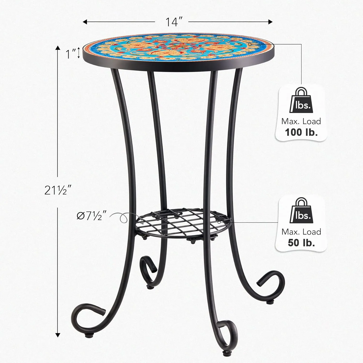 VONLUCE Patio Side Table and Plant Stand, 21" End Table with 14" Ceramic Tile Top for Porch Garden Decor, Indoor & Outdoor Accent Table, Living Room Bedroom Balcony Furniture for Home Garden, Faberge