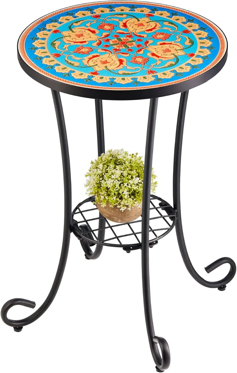 VONLUCE Patio Side Table and Plant Stand, 21" End Table with 14" Ceramic Tile Top for Porch Garden Decor, Indoor & Outdoor Accent Table, Living Room Bedroom Balcony Furniture for Home Garden, Faberge