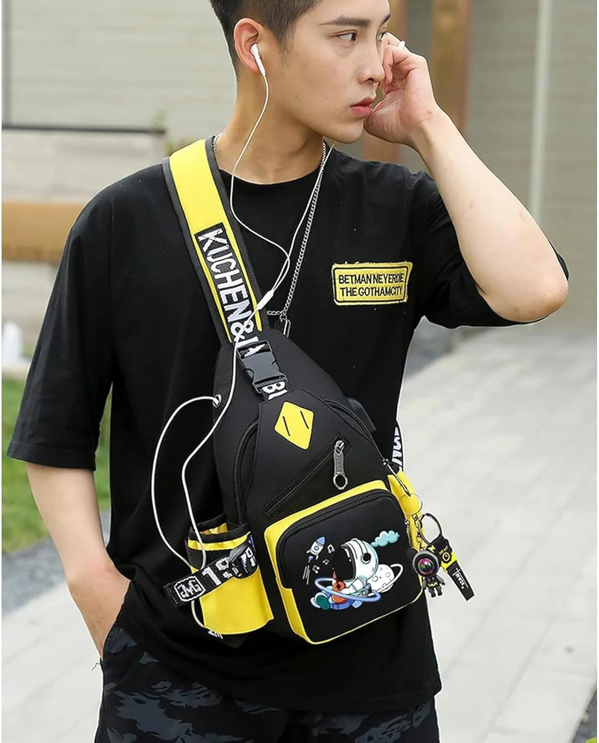Water-Resistant Crossbody Sling Bag for Men Astronaut Casual Chest Shoulder Daypack Hiking Travel Backpack for 12.9 Inch Ipad (Yellow1)