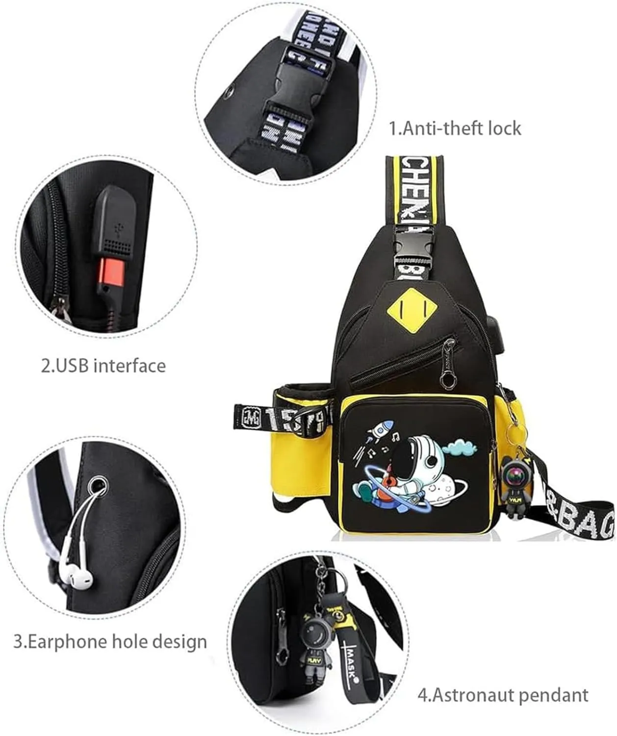 Water-Resistant Crossbody Sling Bag for Men Astronaut Casual Chest Shoulder Daypack Hiking Travel Backpack for 12.9 Inch Ipad (Yellow1)
