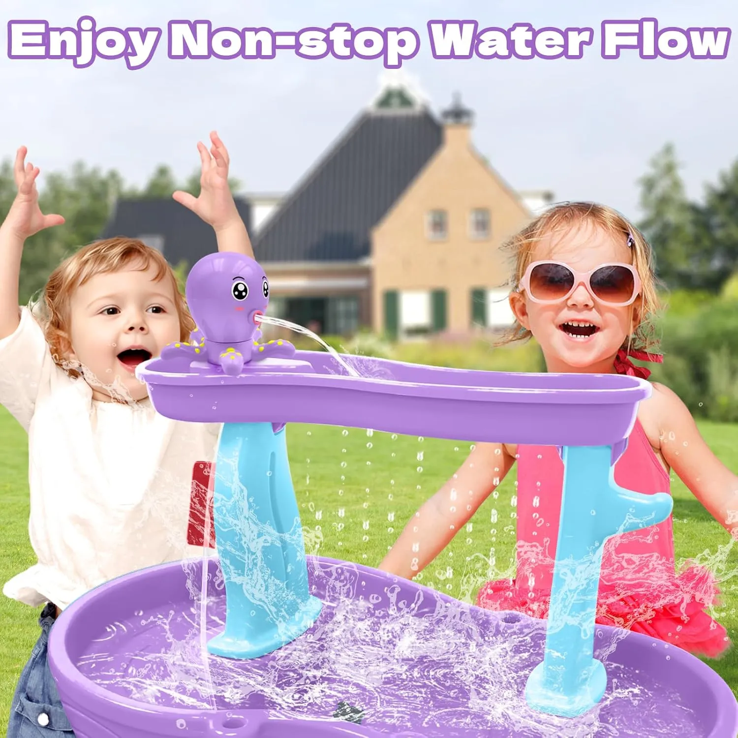 Water Table Pump, Octopus Battery Powered Water Pump for Water Table 3 Hours Non-Stop Fun Summer Outdoor Water Toys Outside Water Play Table Accessories for Toddlers Kids (Purple)