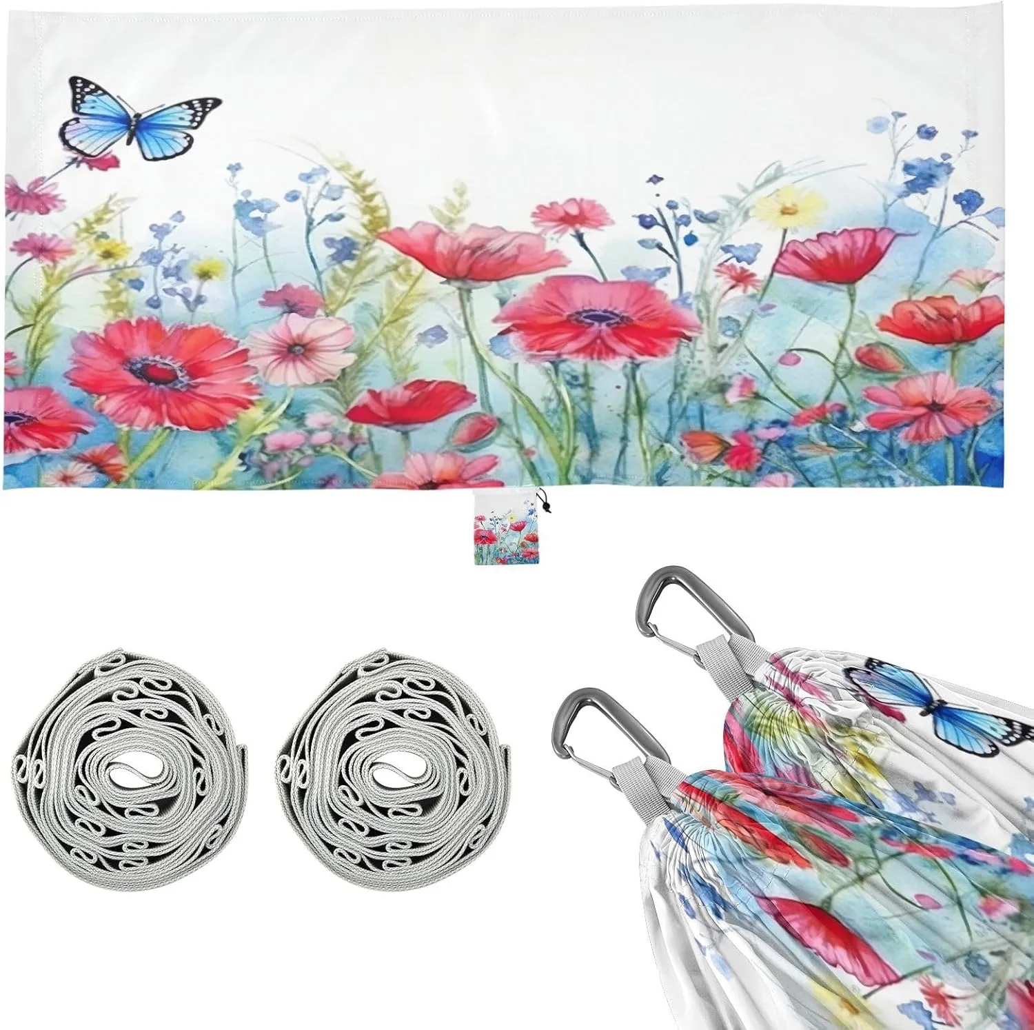 Watercolor Flowers Butterflies Camping Hammock, Single Portable Hammocks with Tree Straps & Attached Carry Bag, 330Lbs Capacity Perfect for Outside Indoor Hiking Beach Backpack Travel