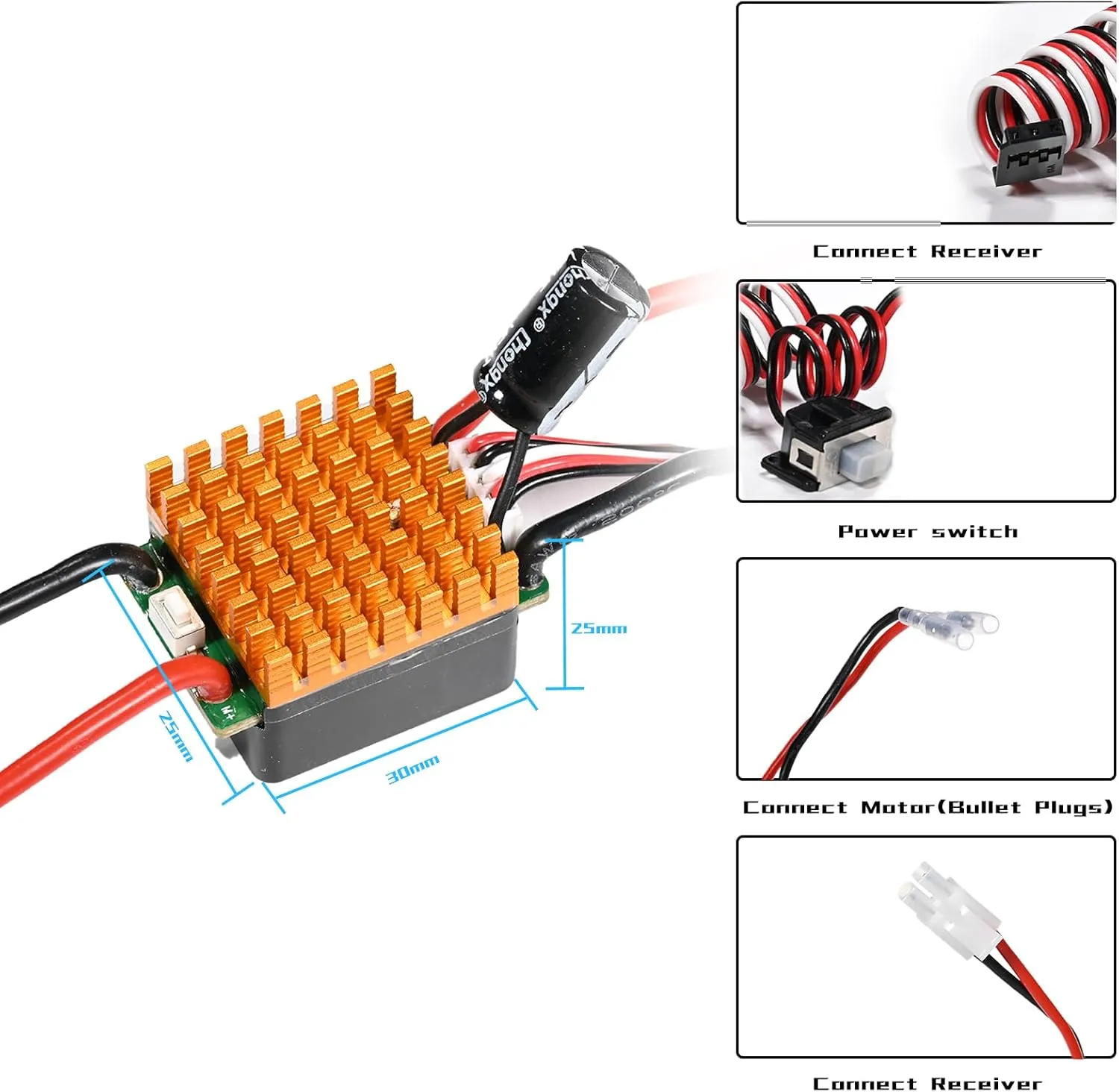 Waterproof Brushed 40A ESC with Dirtproof Switch for 1/10 Traxxas HPI Redcat Tamiya RC Truck, Buggy, Short Course Truck and Rock Crawler