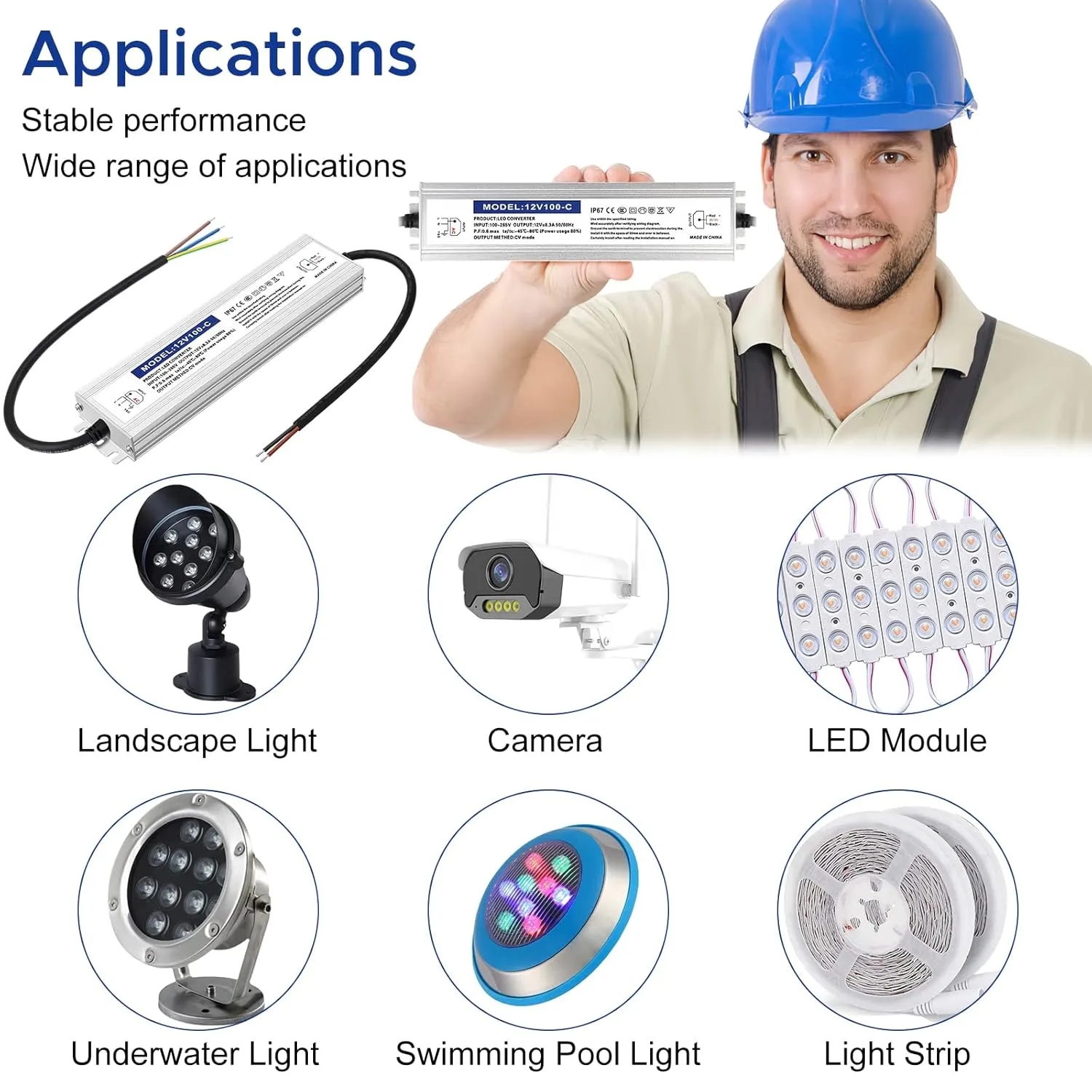 Waterproof IP67 LED Driver Power Supply 12V 100W 8.3A, 110V AC to 12V DC Converter, Ideal for Indoor and Outdoor, Marine, and Industrial LED Lighting Applications