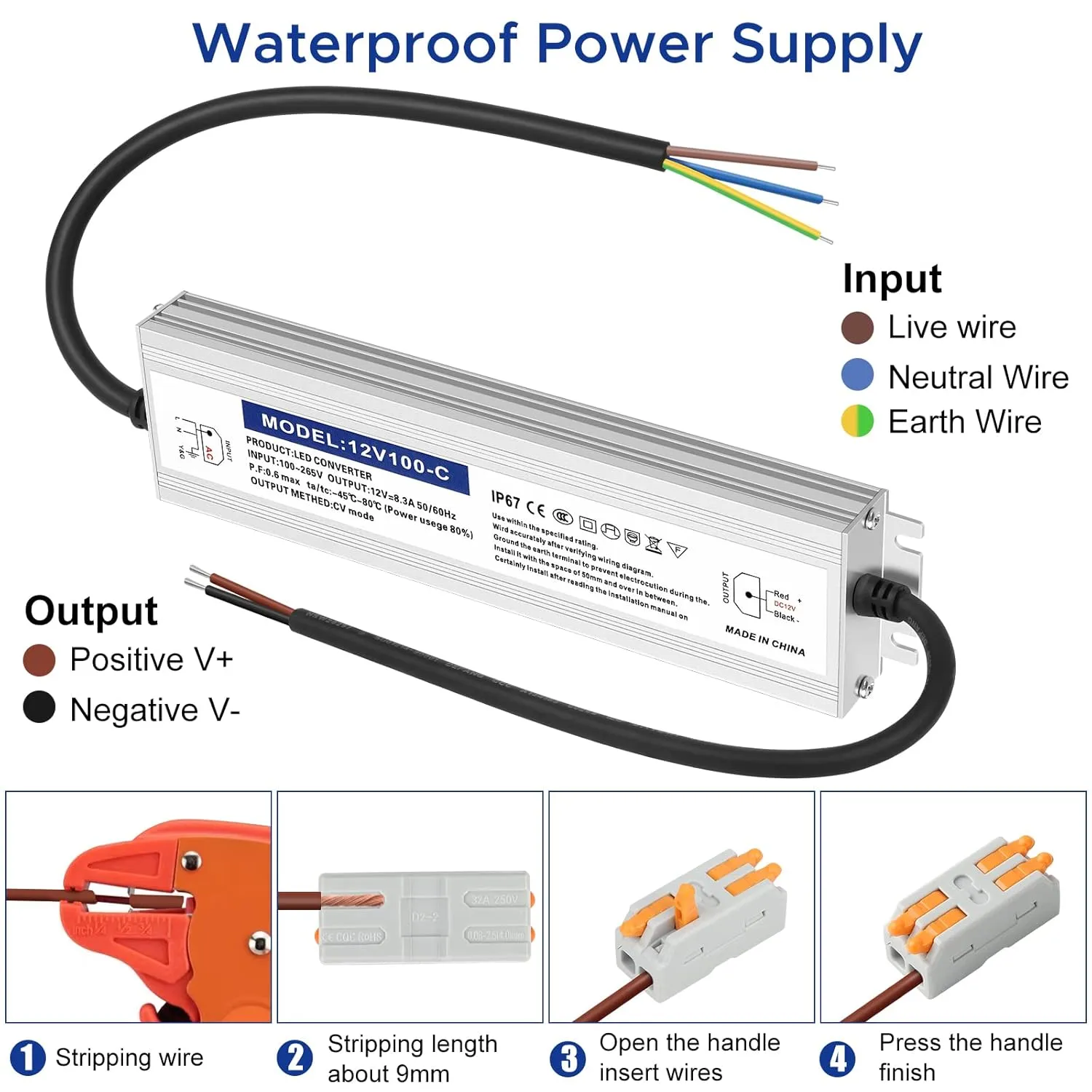 Waterproof IP67 LED Driver Power Supply 12V 100W 8.3A, 110V AC to 12V DC Converter, Ideal for Indoor and Outdoor, Marine, and Industrial LED Lighting Applications
