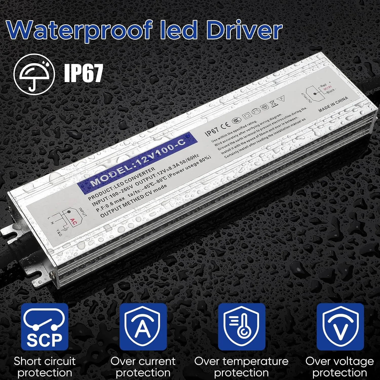 Waterproof IP67 LED Driver Power Supply 12V 100W 8.3A, 110V AC to 12V DC Converter, Ideal for Indoor and Outdoor, Marine, and Industrial LED Lighting Applications