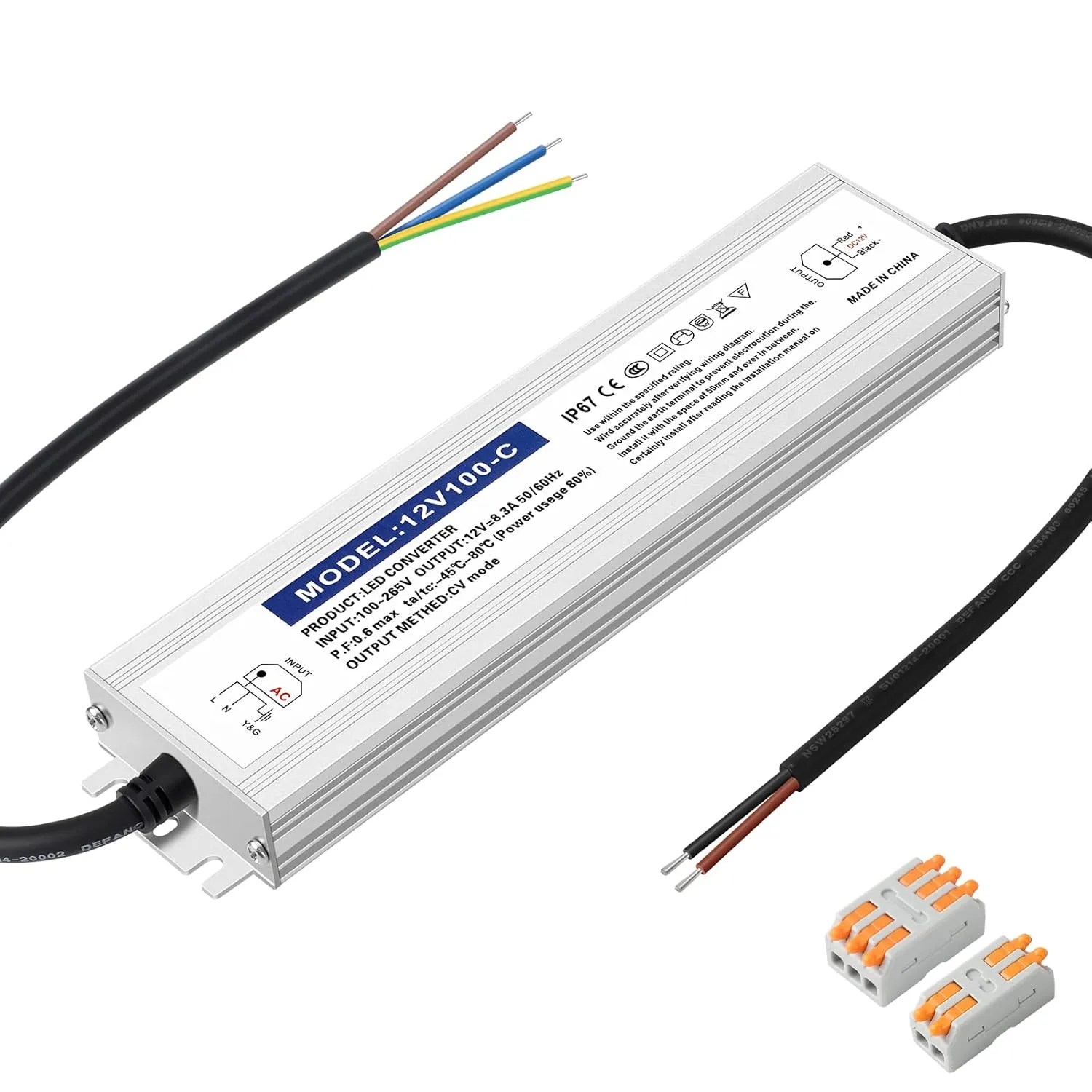 Waterproof IP67 LED Driver Power Supply 12V 100W 8.3A, 110V AC to 12V DC Converter, Ideal for Indoor and Outdoor, Marine, and Industrial LED Lighting Applications