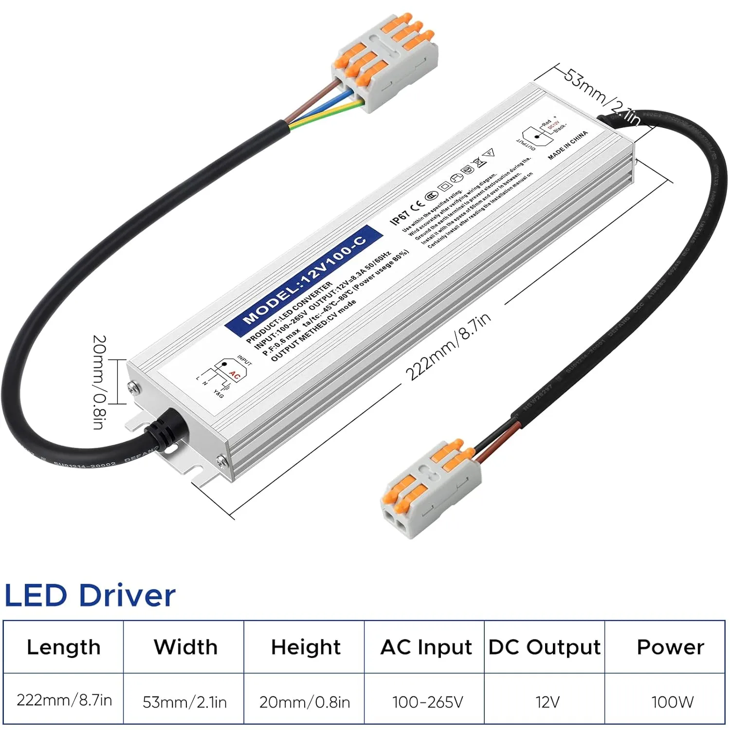Waterproof IP67 LED Driver Power Supply 12V 100W 8.3A, 110V AC to 12V DC Converter, Ideal for Indoor and Outdoor, Marine, and Industrial LED Lighting Applications