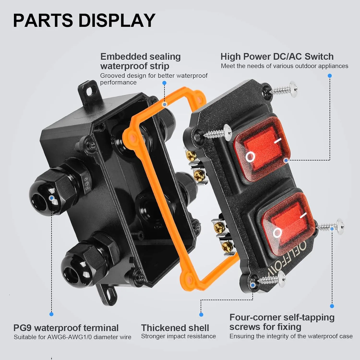 Waterproof On Off Toggle Switch Double Switch with Red Light Rocker Button Inline Cord Switch DPST AC/DC 20A-125V,16A-250V,30A-24V,35A-12V, IP66 4 Exit
