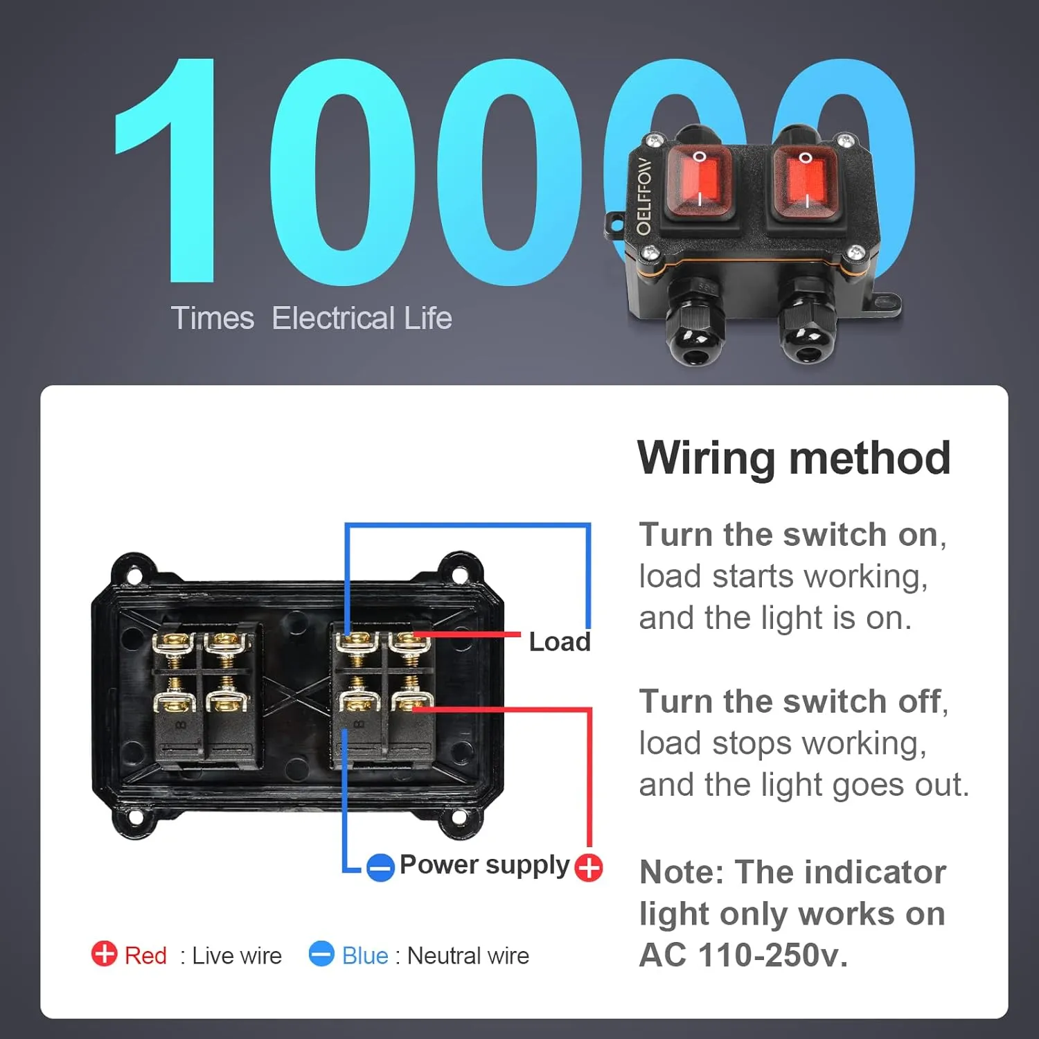 Waterproof On Off Toggle Switch Double Switch with Red Light Rocker Button Inline Cord Switch DPST AC/DC 20A-125V,16A-250V,30A-24V,35A-12V, IP66 4 Exit