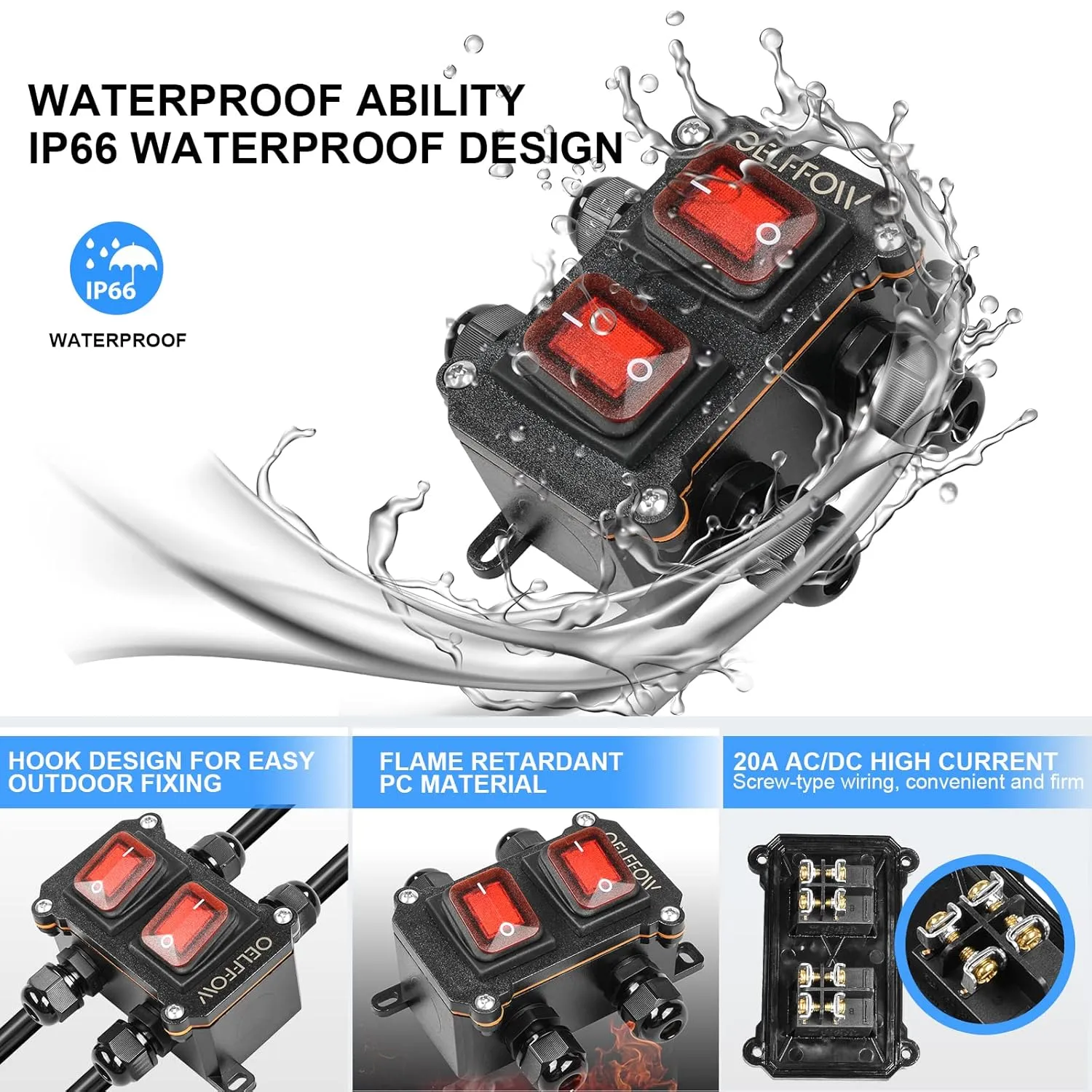 Waterproof On Off Toggle Switch Double Switch with Red Light Rocker Button Inline Cord Switch DPST AC/DC 20A-125V,16A-250V,30A-24V,35A-12V, IP66 4 Exit