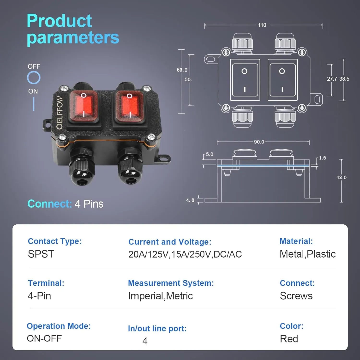 Waterproof On Off Toggle Switch Double Switch with Red Light Rocker Button Inline Cord Switch DPST AC/DC 20A-125V,16A-250V,30A-24V,35A-12V, IP66 4 Exit