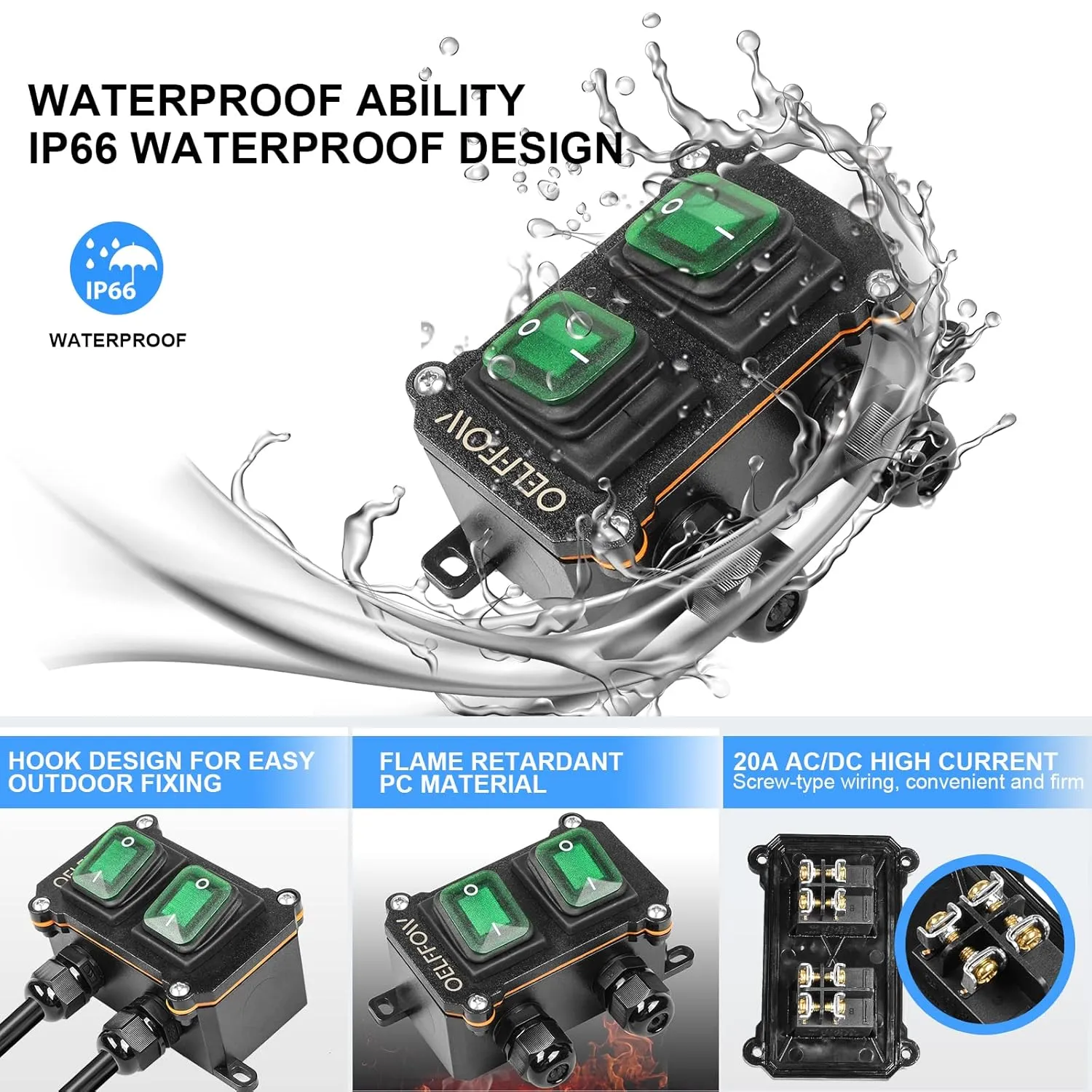 Waterproof On Off Toggle Switch Double Switch/Outlet with Green Light Rocker Button Inline Cord Switch DPST AC/DC 20A-125V,16A-250V,30A-24V,35A-12V, IP66