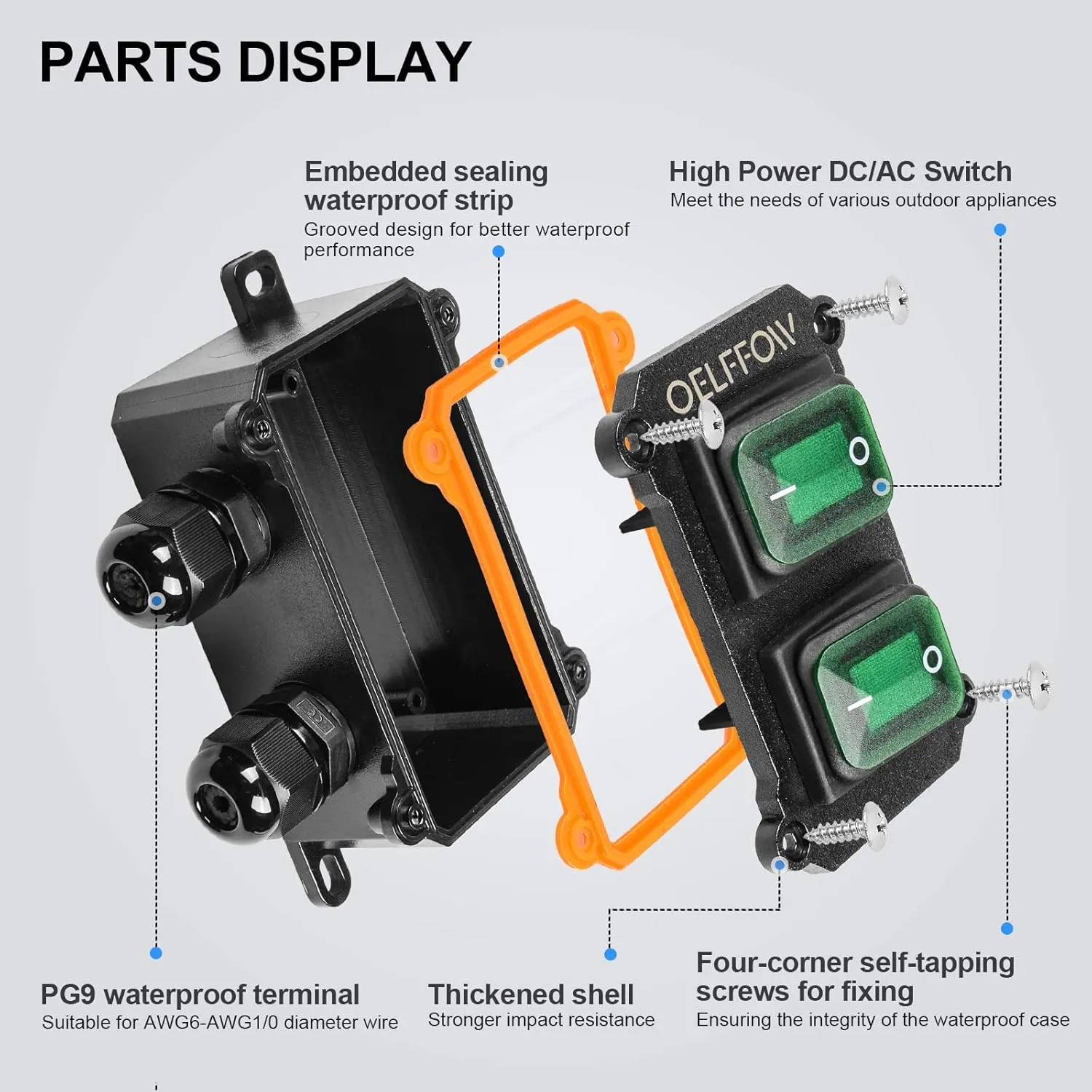 Waterproof On Off Toggle Switch Double Switch/Outlet with Green Light Rocker Button Inline Cord Switch DPST AC/DC 20A-125V,16A-250V,30A-24V,35A-12V, IP66