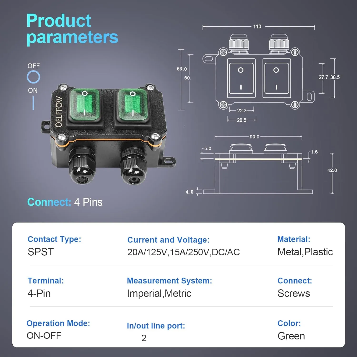 Waterproof On Off Toggle Switch Double Switch/Outlet with Green Light Rocker Button Inline Cord Switch DPST AC/DC 20A-125V,16A-250V,30A-24V,35A-12V, IP66