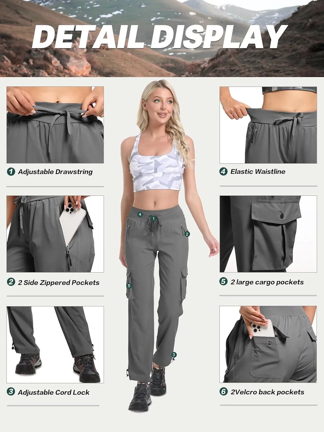 WENRONSTA Women's Cargo Pants Lightweight Water Resistant Quick Dry Hiking Pants Travel Outdoor Work Joggers with 6 Pockets