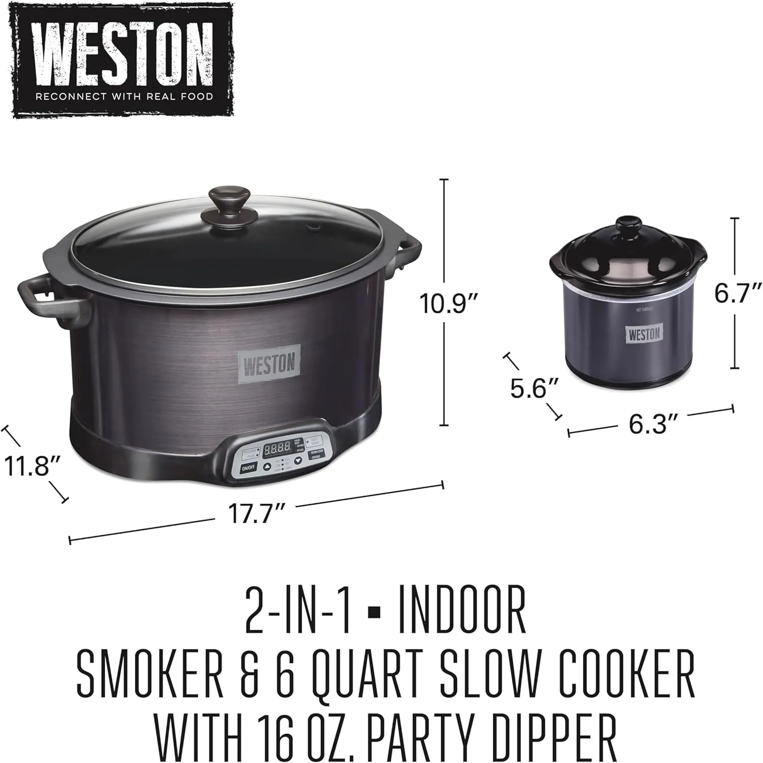 WESTON 2-in-1 Programmable Slow Cooker & Electric Indoor Smoker, 6 Quart, 3-Tier Smoking Rack for Meat, Cheese and More, Dishwasher Safe Crock, Temperature Probe, Includes 16 oz. Party Dipper, Black