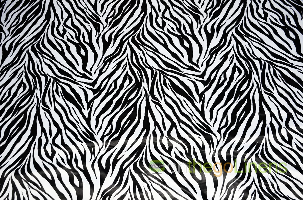 White Black Zebra Lamour Satin Tablecloth | Zebra Print Table Linens for Events & Decor |