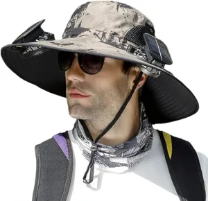 Wide Brim Solar Fan Hat, Hat with Fans Solar Power for Men Women, Solar & USB Charging Sombrero Con Ventilador Solar