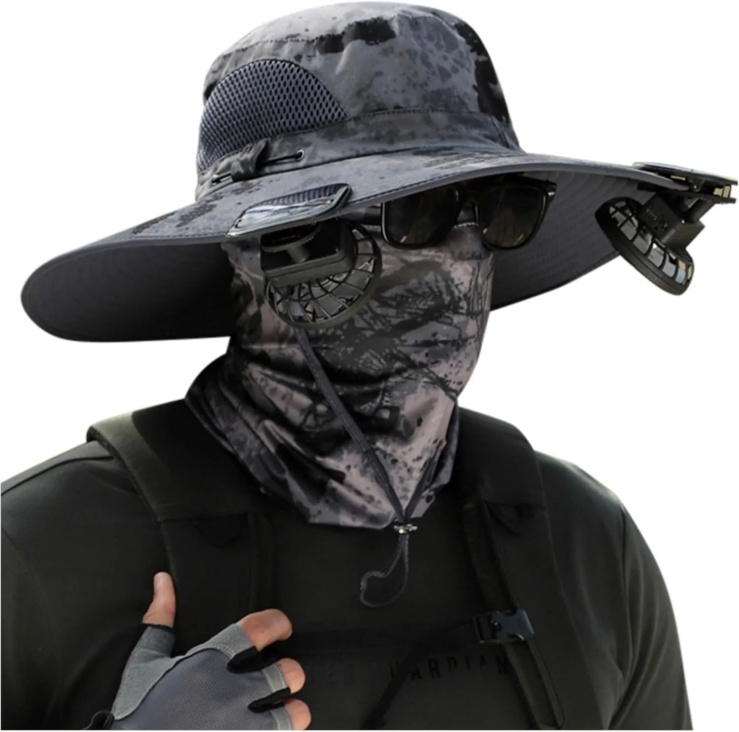 Wide Brim Solar Fan Hat, Hat with Fans Solar Power for Men Women, Solar Powered & USB Charging 2 Solar Fan Sun Bucket Hat