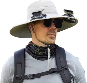 Wide Brim Solar Fan Hat, Hat with Fans Solar Power for Men Women, UPF 50  Bucket Fishing & Beach Hat with Fan Built in