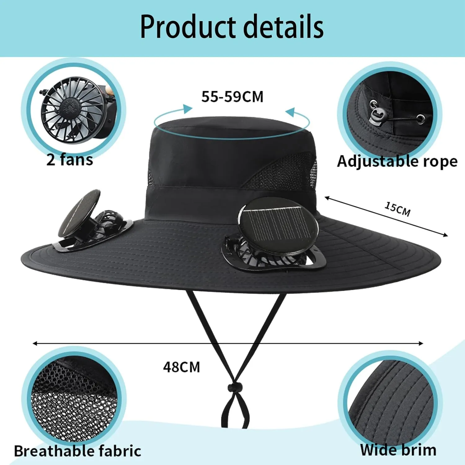 Wide Brim Solar Fan Hat, Hat with Fans Solar Power, Removable & USB Charging Fan, Sun Hats for Men Women Outdoor Fishing