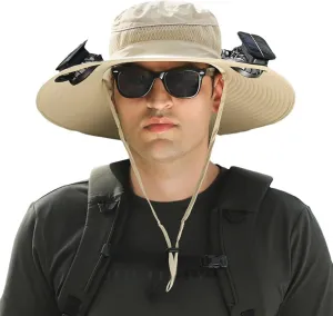 Wide Brim Solar Fan Hat Outdoor Fishing with 2 Solar Powered Fans Built in, Removable USB Charging Sun Hat for Men Women