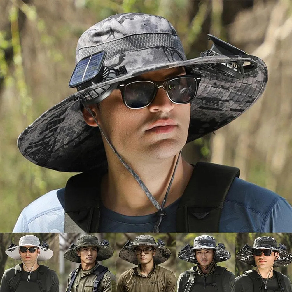 Wide Brim Solar Fan Outdoor Fishing Hat, 2024 New Solar&USB Charging Men Sun Hat With 2 Solar Fan UPF 50  Solar Fan Hat