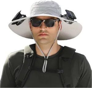 Wide Brim Solar Fan Outdoor Fishing Hat, 2024 New Solar&USB Charging Men Sun Hat With 2 Solar Fan UPF 50  Solar Fan Hat