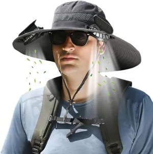 Wide Brim Solar Fan Outdoor Fishing Hat，- UPF 50  Hat with Solar Fans Built in- Removable and USB Charging Fan