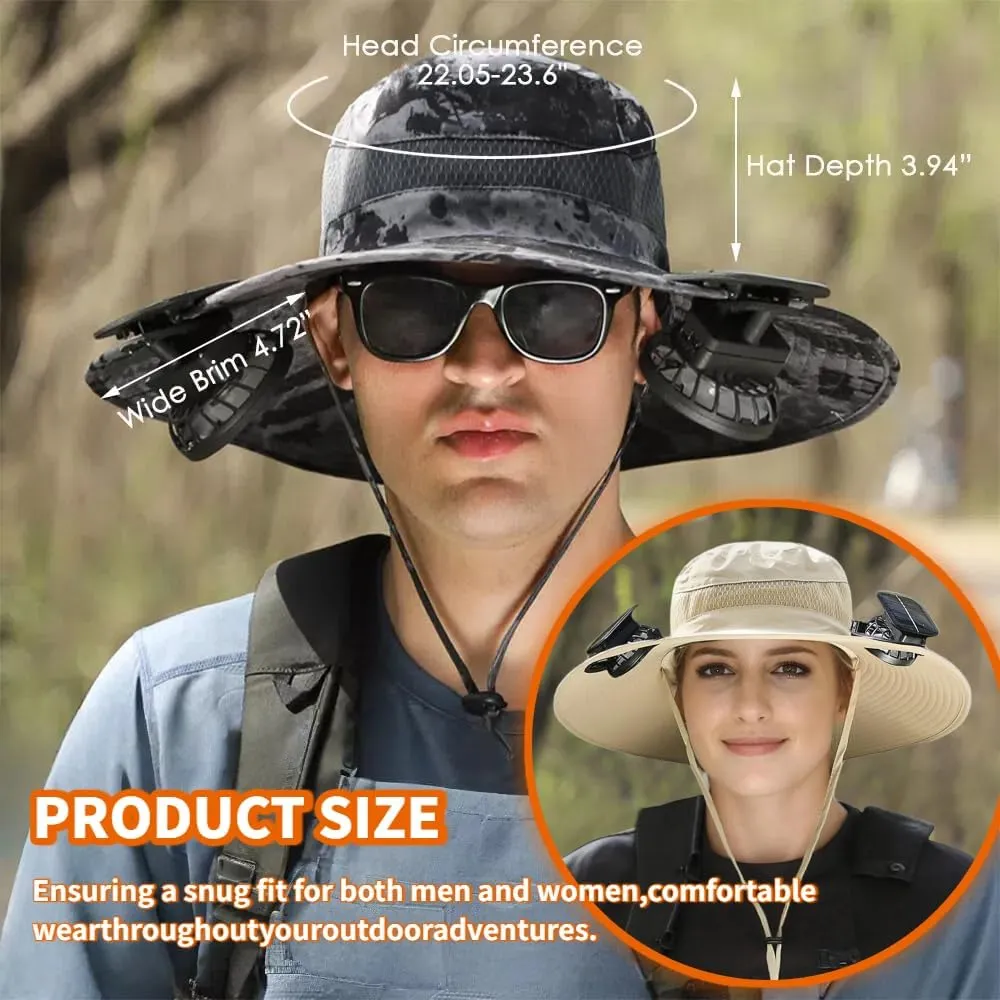 Wide Brim Solar Fan Outdoor Hat, Outdoor Wide Brim Sun Hat with 2 Solar Fan Sun Bucket Hat for Men,UPF50  Sun Fishing Hat