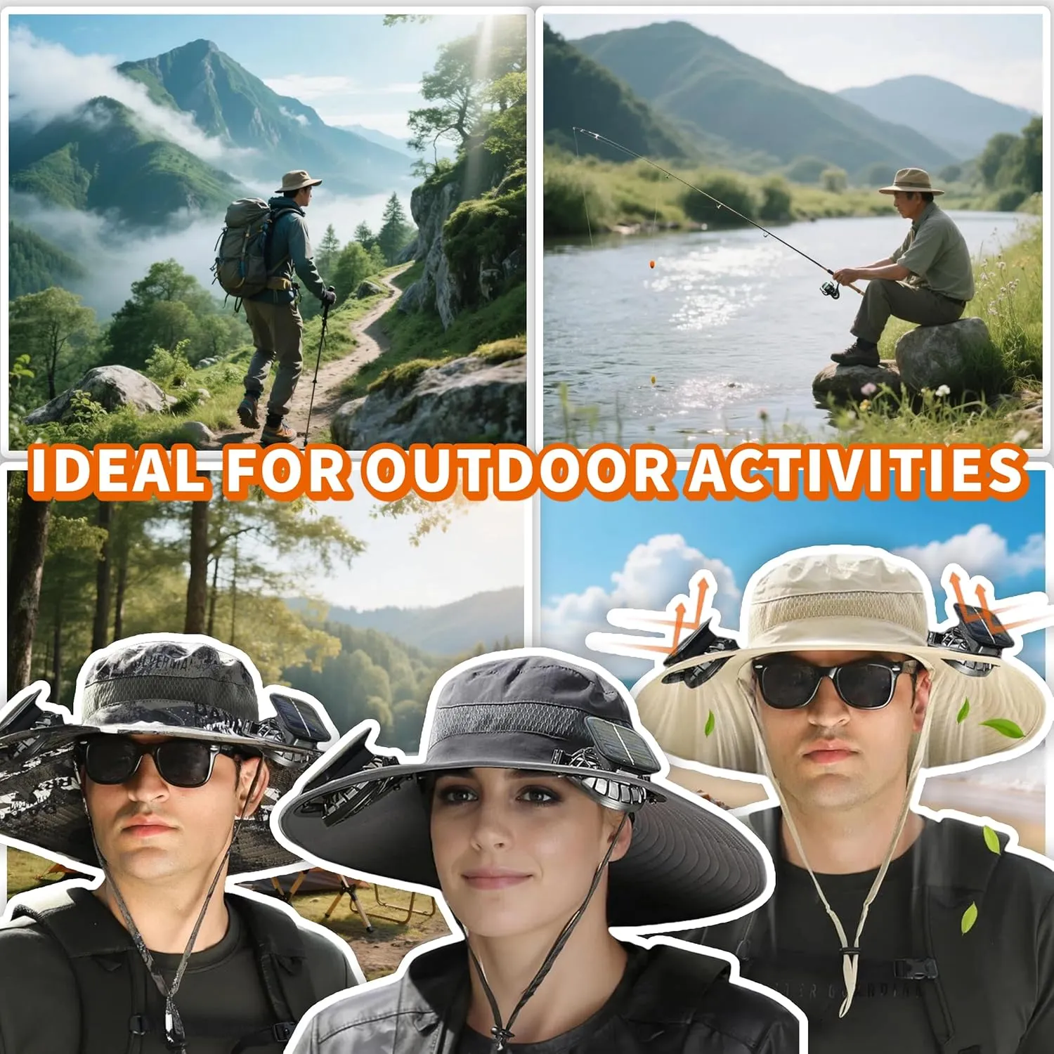Wide Brim Solar Fan Outdoor Hat, Outdoor Wide Brim Sun Hat with 2 Solar Fan Sun Bucket Hat for Men,UPF50  Sun Fishing Hat