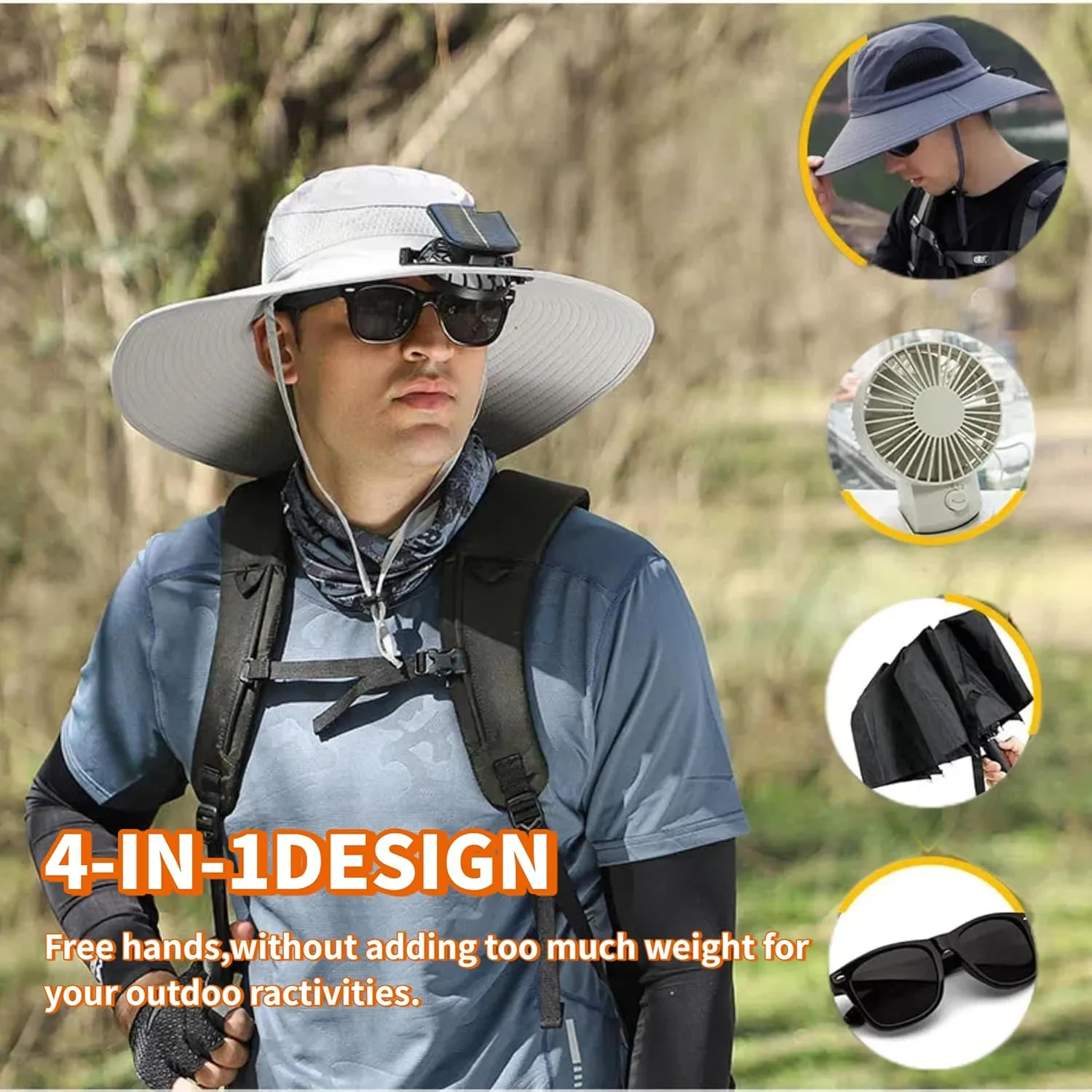 Wide Brim Solar Fan Outdoor Hat, Outdoor Wide Brim Sun Hat with 2 Solar Fan Sun Bucket Hat for Men,UPF50  Sun Fishing Hat