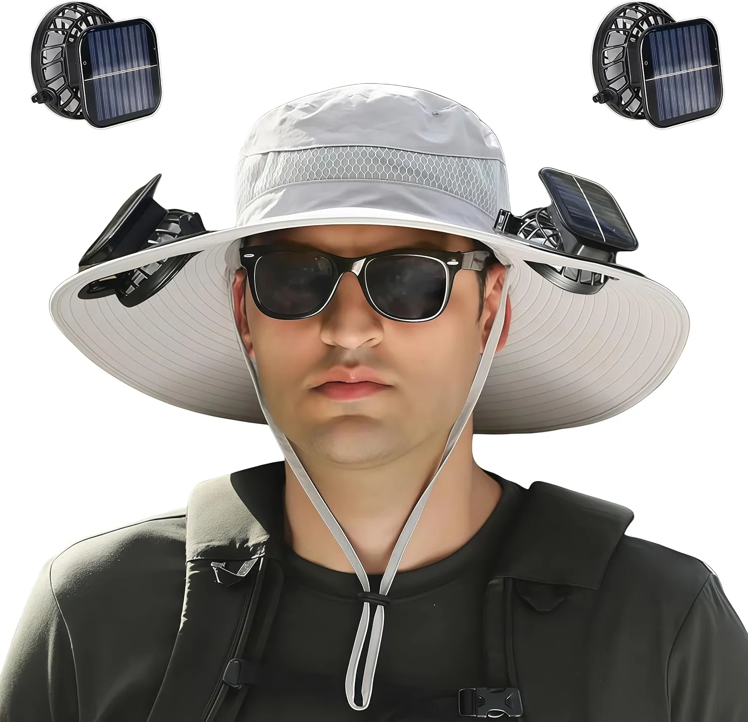 Wide Brim Solar Fan Outdoor Hat, Outdoor Wide Brim Sun Hat with 2 Solar Fan Sun Bucket Hat for Men,UPF50  Sun Fishing Hat