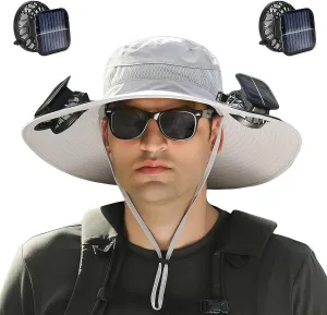 Wide Brim Solar Fan Outdoor Hat, Outdoor Wide Brim Sun Hat with 2 Solar Fan Sun Bucket Hat for Men,UPF50  Sun Fishing Hat