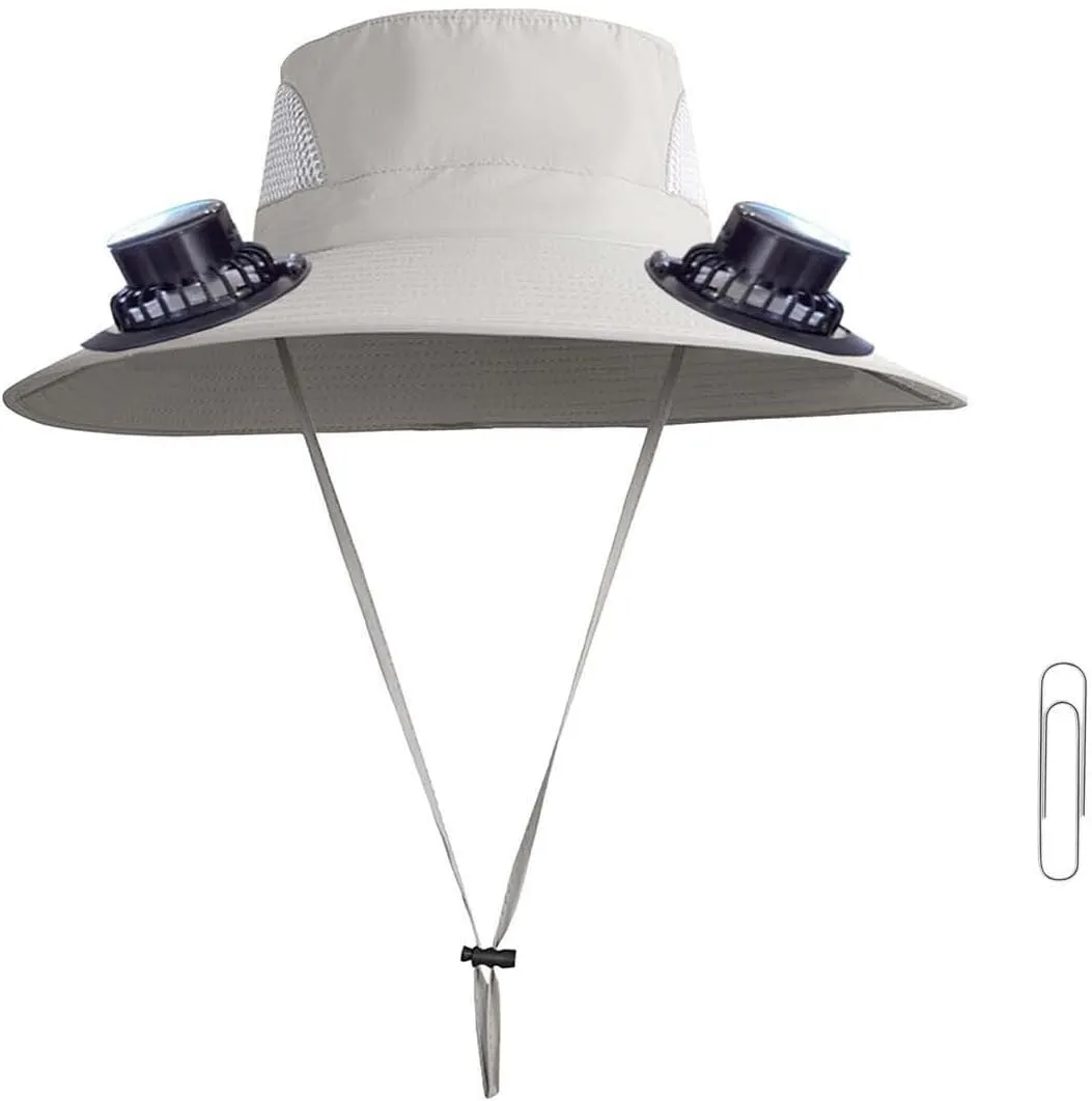 Wide Brim Sun Hat with 2 Solar Fan, 3 Speed Adjustable Fan Hat, Solar & USB Charging Fan, Bucket Fishing & Beach Hat