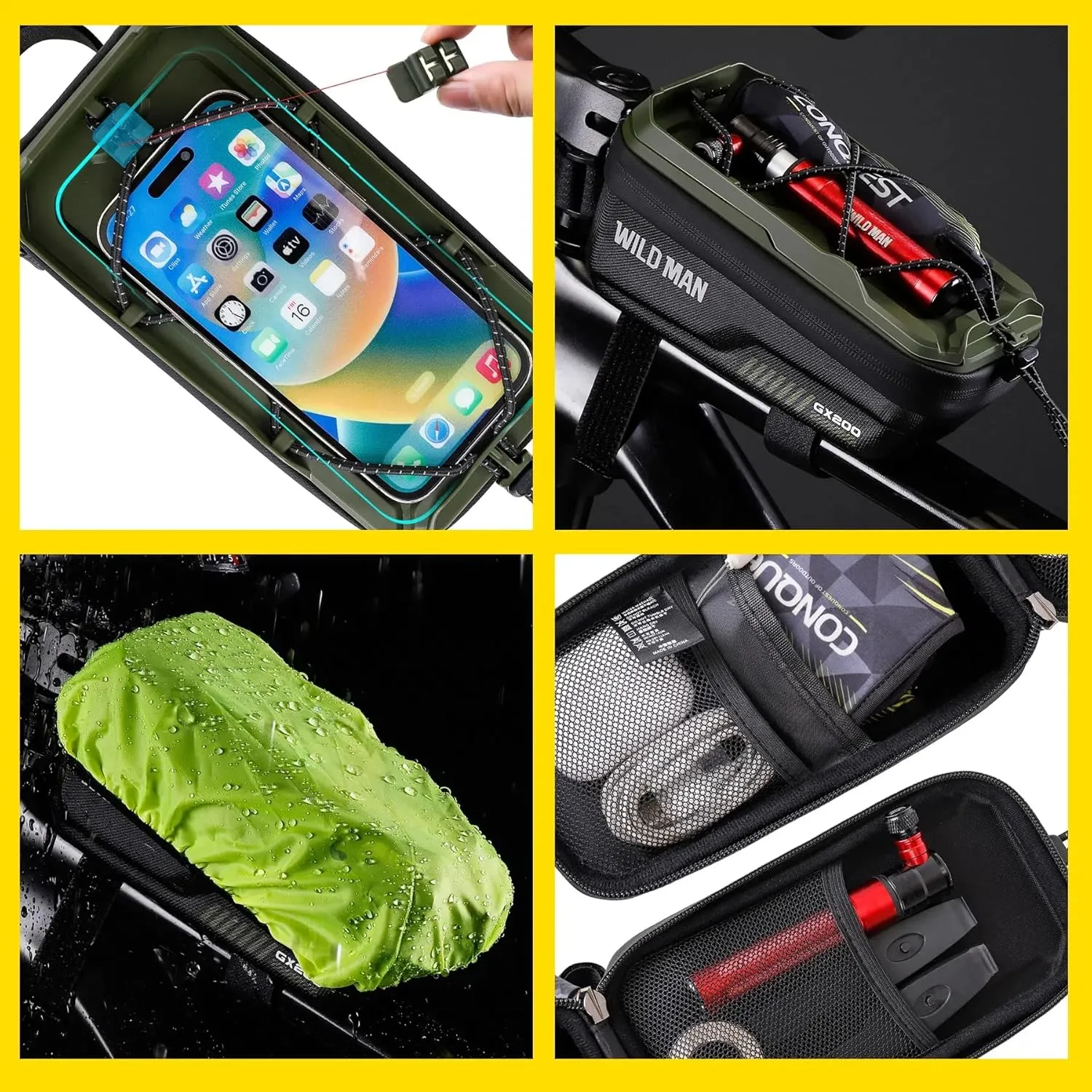 WILD MAN Bicycle Front Frame Bag Bike Bags for Cycling Waterproof Tube Bag Phone Holder Mount Cycling Pouch Compatible with Phones Under 6.8”(GX200,Green)
