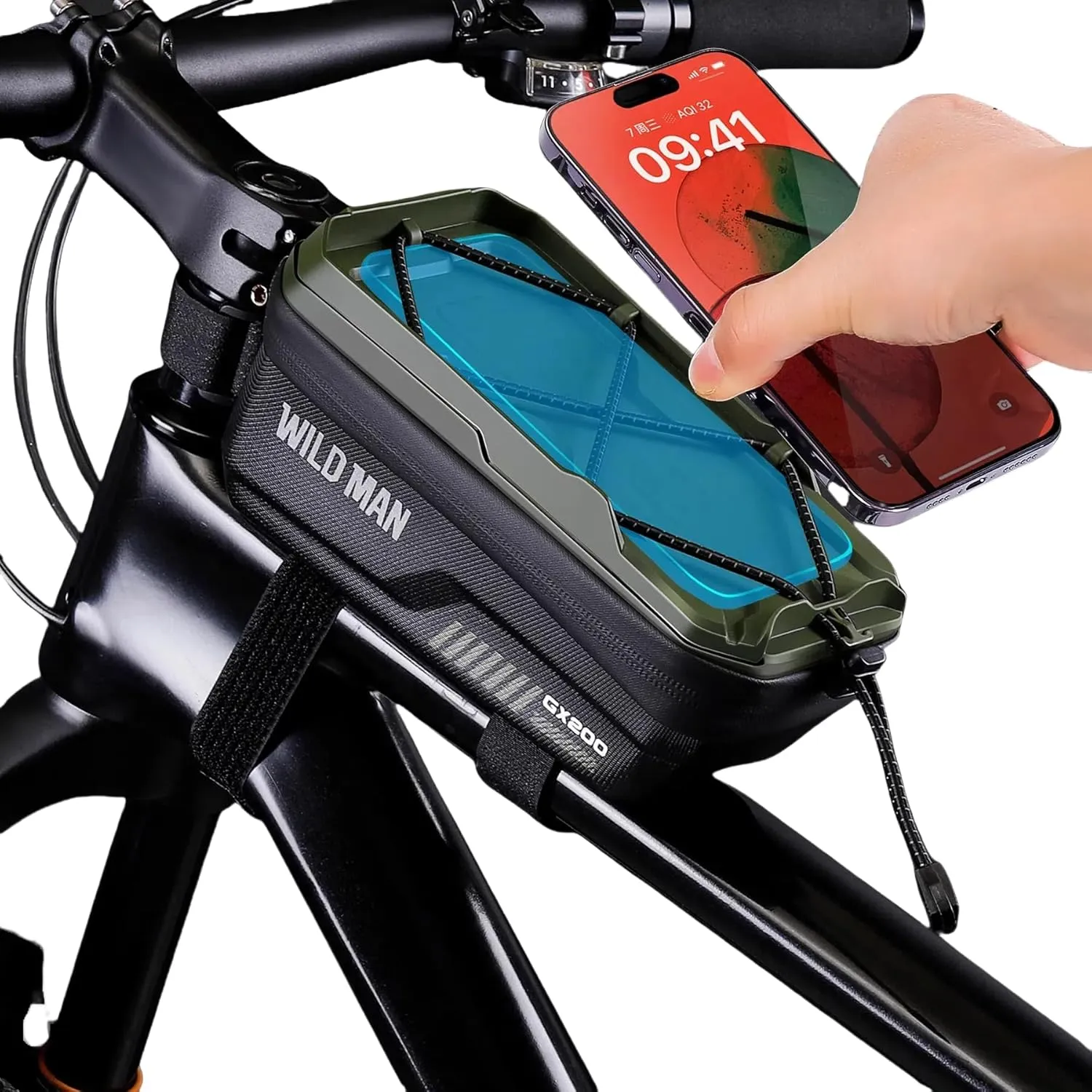 WILD MAN Bicycle Front Frame Bag Bike Bags for Cycling Waterproof Tube Bag Phone Holder Mount Cycling Pouch Compatible with Phones Under 6.8”(GX200,Green)