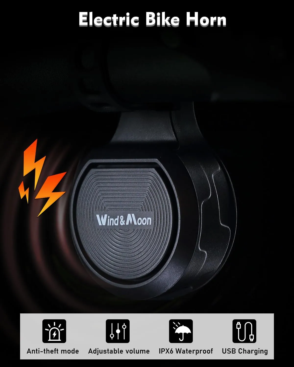 Wind&Moon Electric Bike Bell, 80-130DB Anti-Theft Alarm Adjustable Bike Horn, IPX6 Waterproof with USB Rechargeable Scooter Horn, Bicycle Bell, Warning Horn (Remote Control 4 Tones, 4 Tones, 1 Tone)