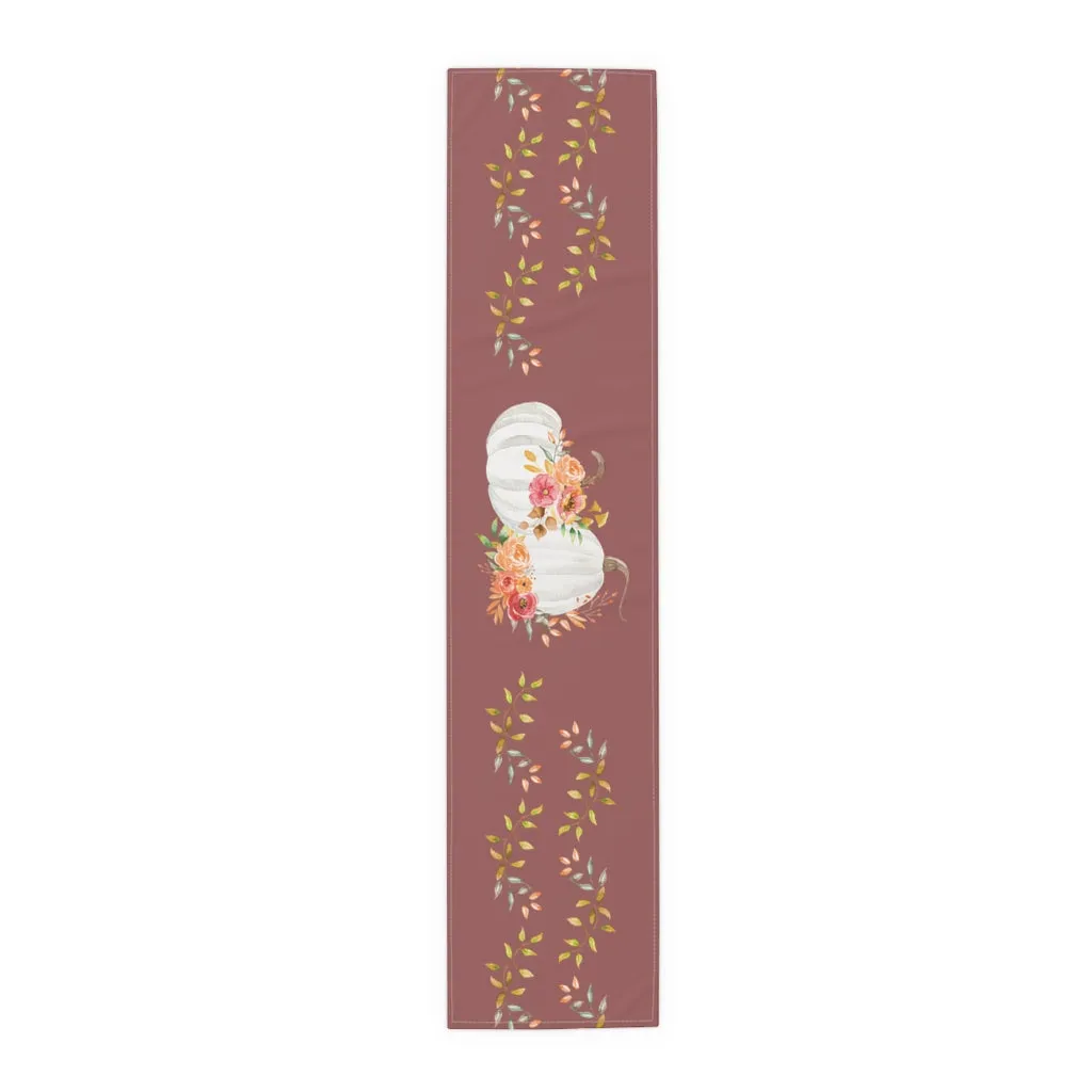 Wine Table Runner - White Pumpkins Watercolor Arrangement & Leaves
