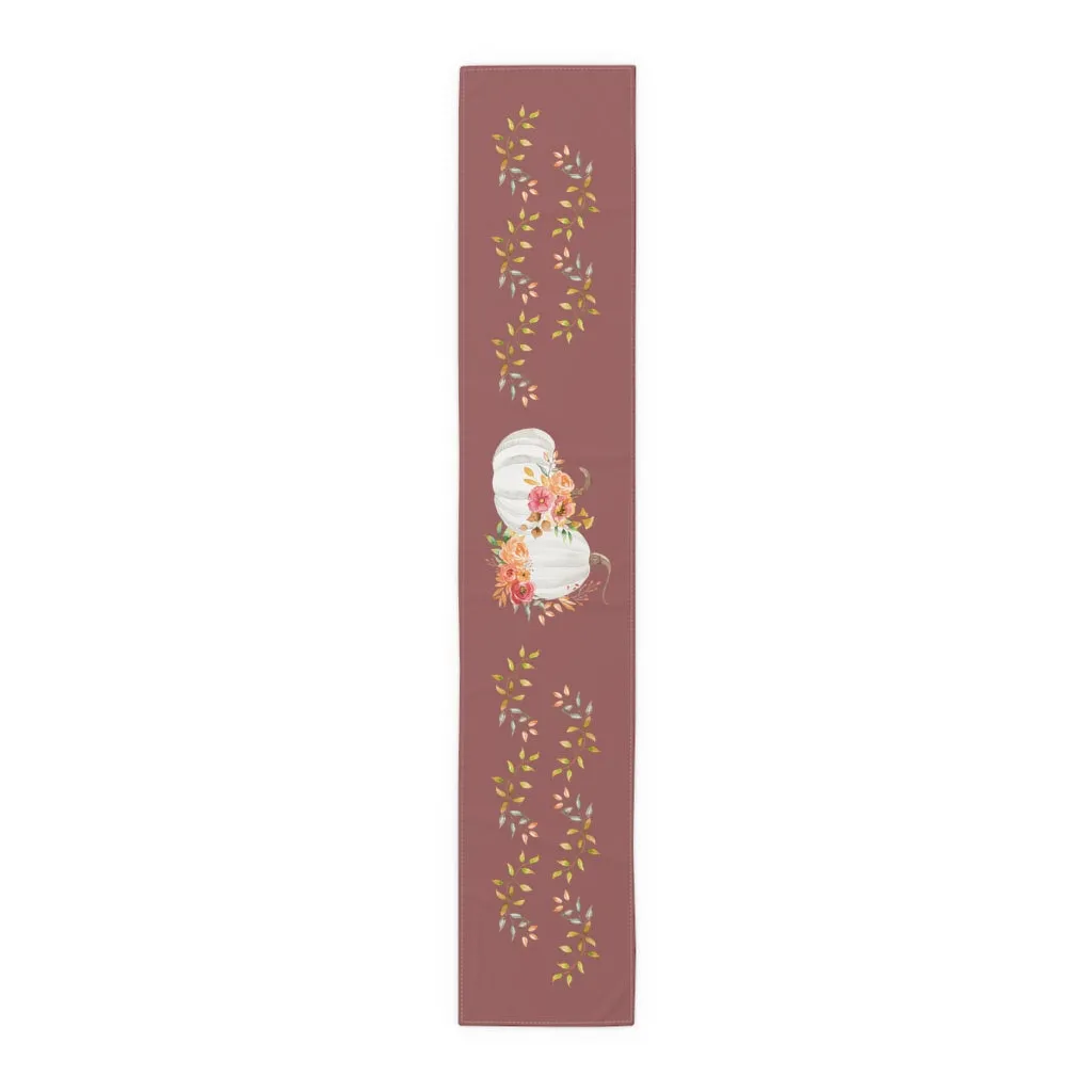 Wine Table Runner - White Pumpkins Watercolor Arrangement & Leaves