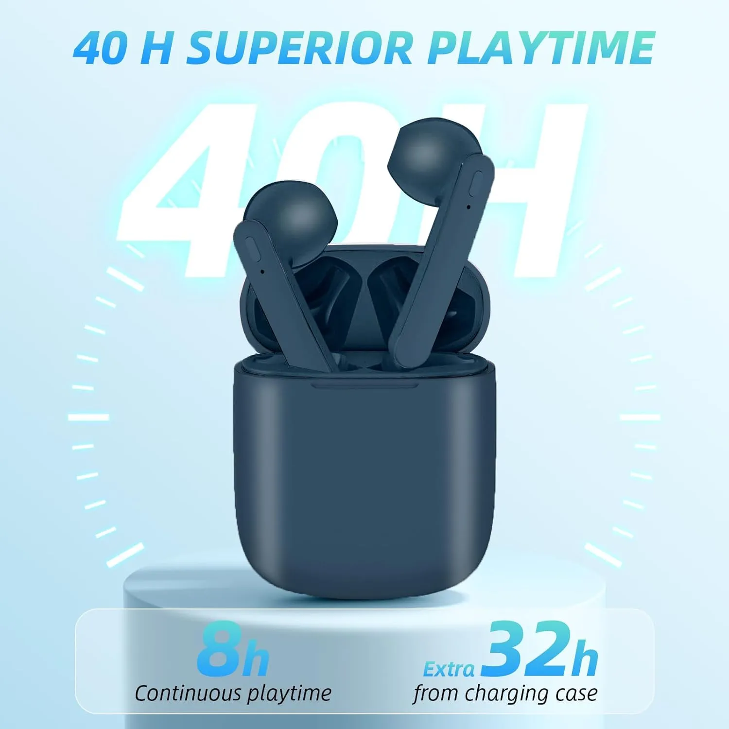 Wireless Earbuds 8H Continuous Playtime Bluetooth Ear Buds, IPX6 Waterproof Stereo Sound Wireless Headphones with Microphone and Charging Case with 40H Playtime Capacity for Android iPhone Blue