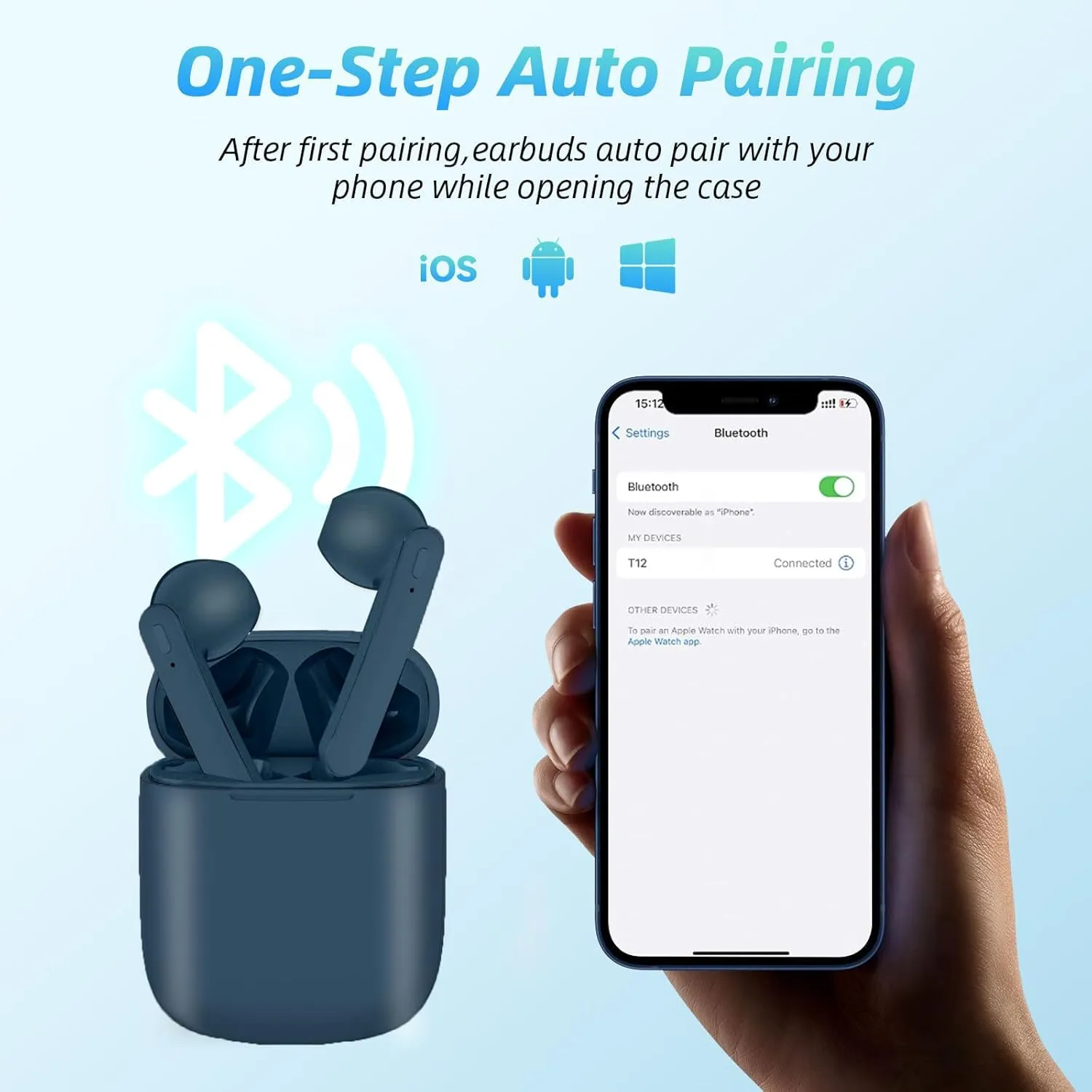 Wireless Earbuds 8H Continuous Playtime Bluetooth Ear Buds, IPX6 Waterproof Stereo Sound Wireless Headphones with Microphone and Charging Case with 40H Playtime Capacity for Android iPhone Blue