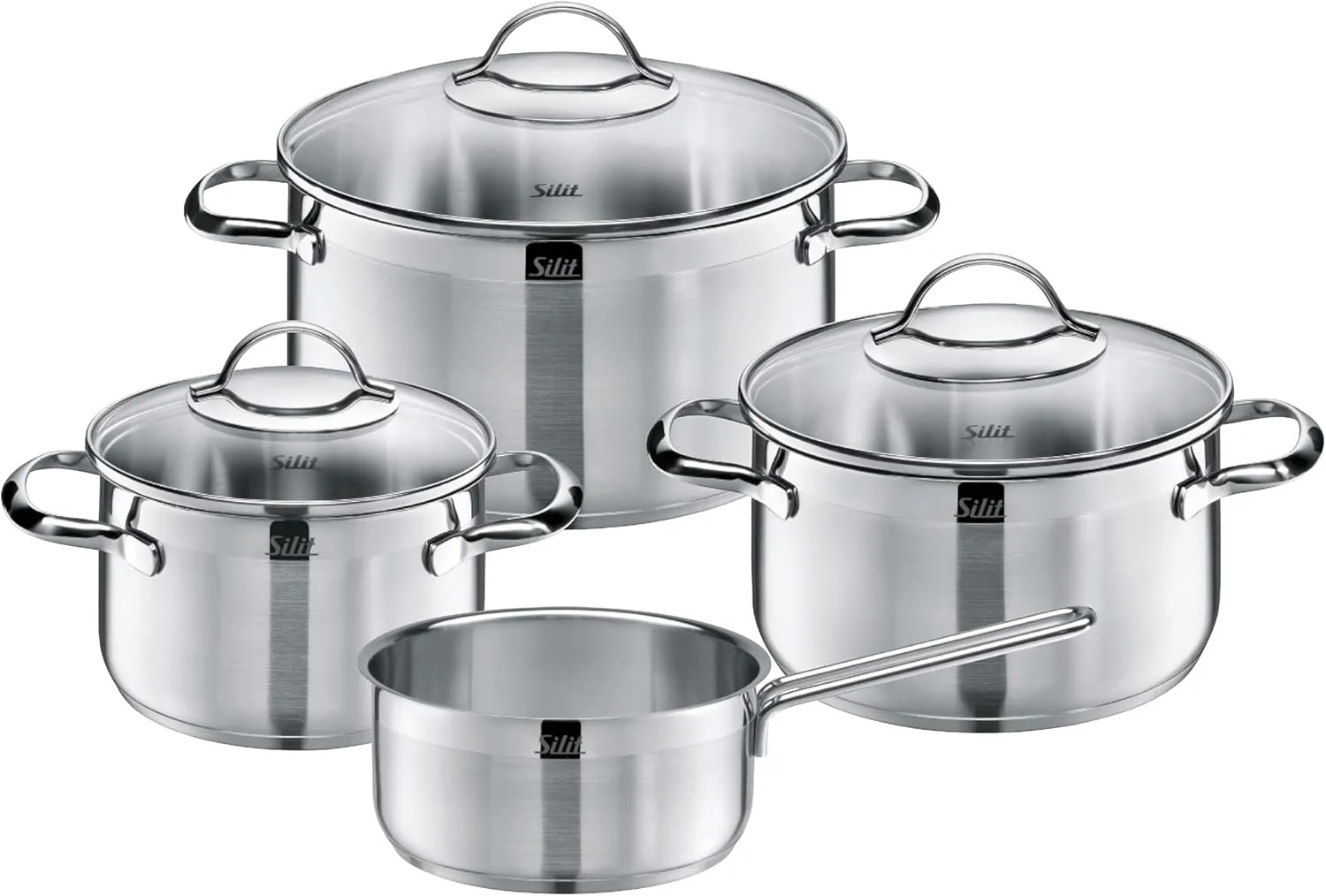 WMF Pot Set 4-Piece Achat Pouring Rim Glass Lid Stainless Steel Polished Suitable for Induction Hobs Dishwasher-Safe