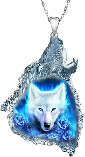 Wolf Howling Galaxy, Solar System, Snow Field, Pendant Necklace, Stainless Steel Chain - Christmas, Birthday, or Party Gift
