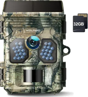 WOLFANG Solar Trail Camera 4K 48MP, Rechargeable Wildlife Camera with Night Vision Motion Activated 0.1s Trigger Time IP66 Waterproof Game Camera for Wildlife Monitoring with U3 32GB Micro SD Card