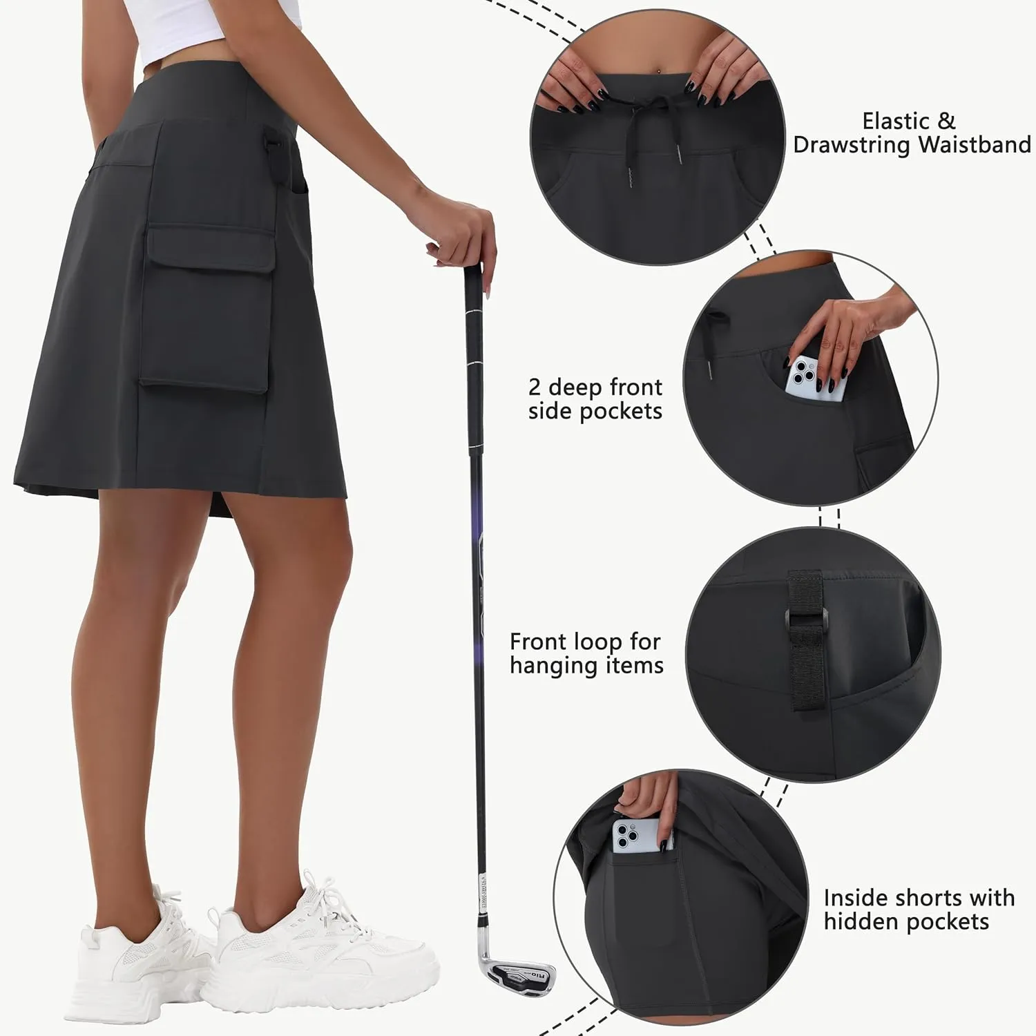Women's 16" 20" Hiking Cargo Skort Skirt - High Waisted Golf Dressy Casual Workout Sport Skirt with Liner Quick Dry