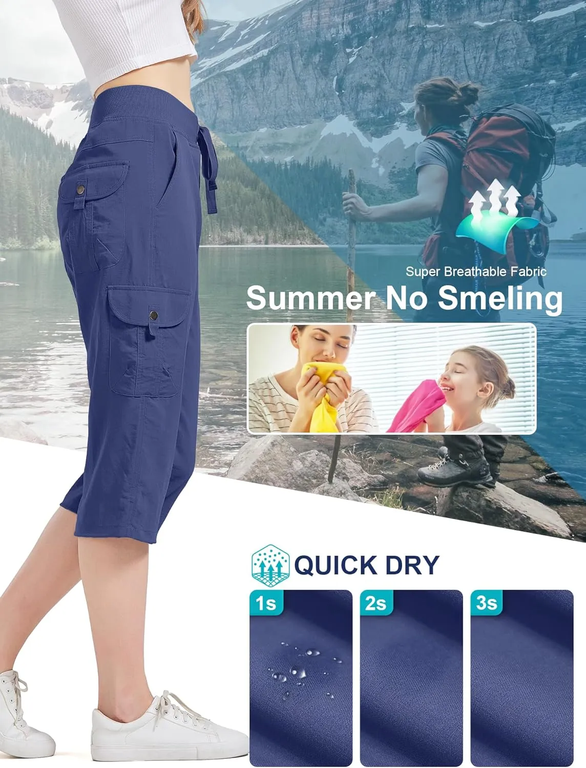 Women's Cargo Capris Hiking Pants Quick Dry Lightweight Athletic Outdoor Travel Loose Fit Casual Capris with Pockets