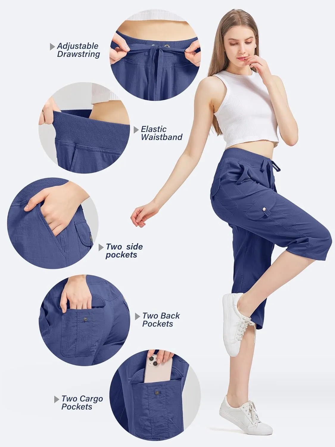 Women's Cargo Capris Hiking Pants Quick Dry Lightweight Athletic Outdoor Travel Loose Fit Casual Capris with Pockets