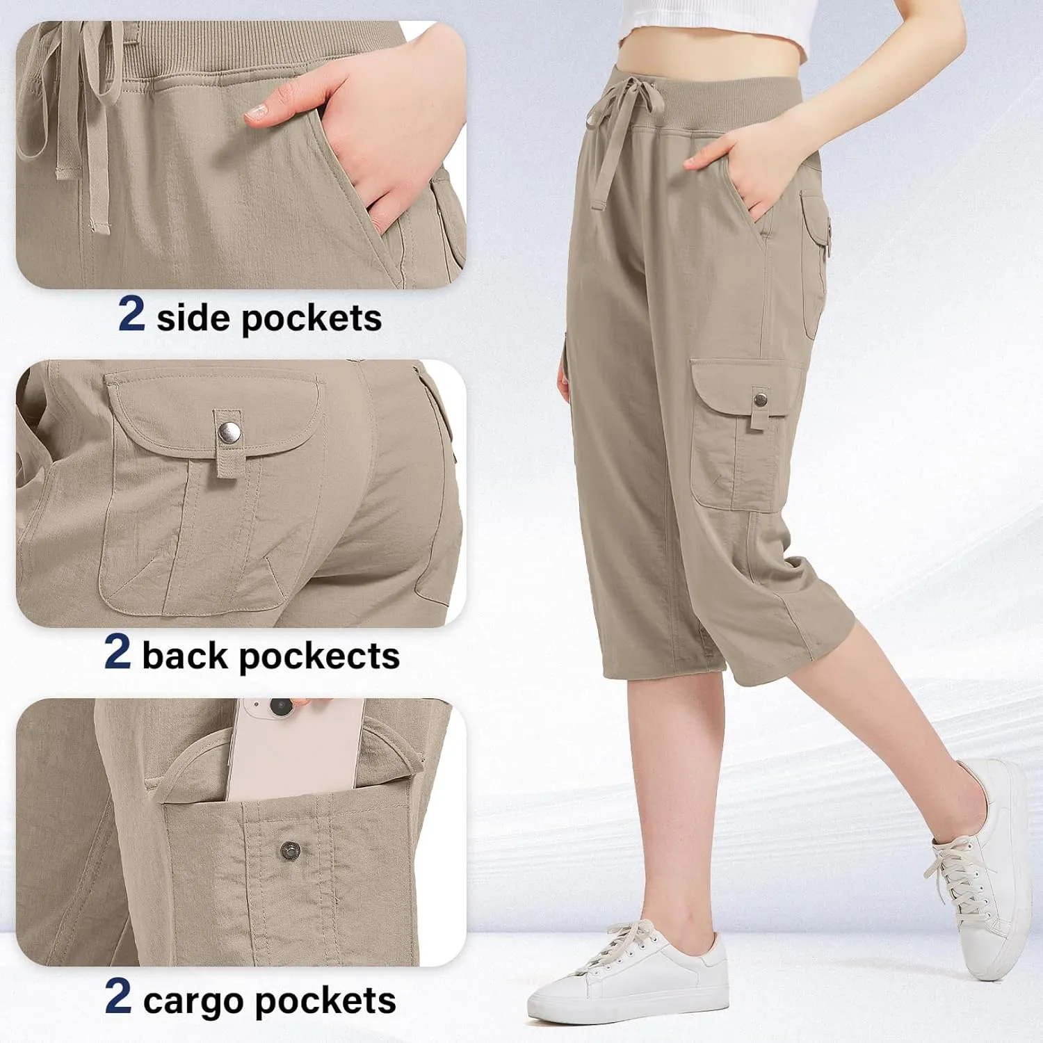 Women's Cargo Capris Hiking Pants with 6 Pockets Lightweight Quick Dry Outdoor Travel Casual Cotton Comfy Summer Pants